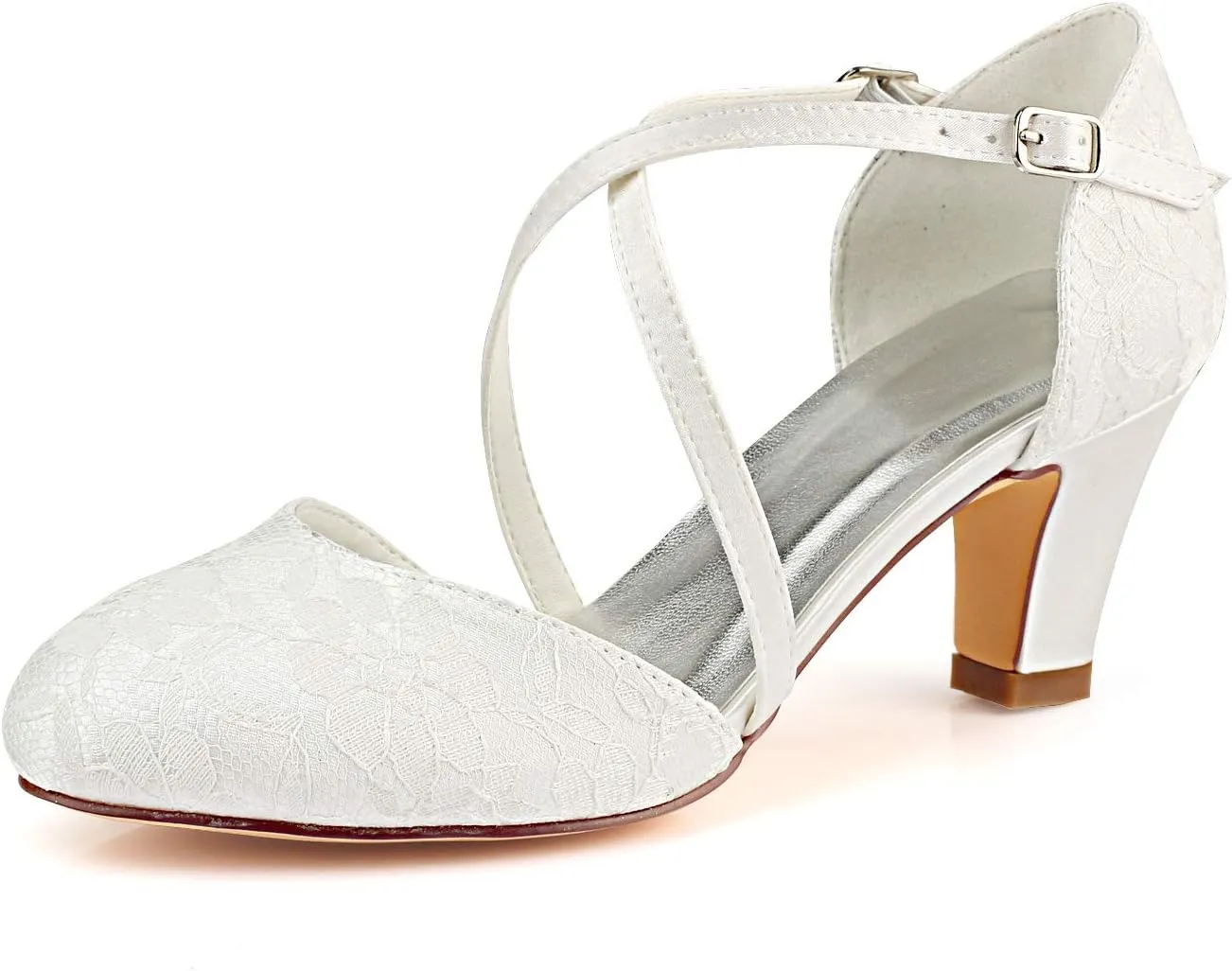 Emily Bridal Wedding Shoes Closed Chunky Heel Lace Satin Pumps with Buckle Bridal Shoes