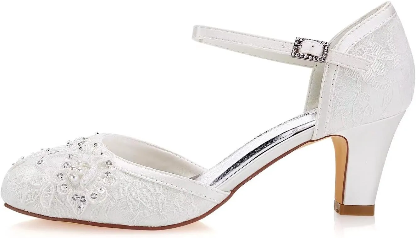 Emily Bridal Wedding Shoes Women's Lace Satin Stiletto Heel Pumps Sandals