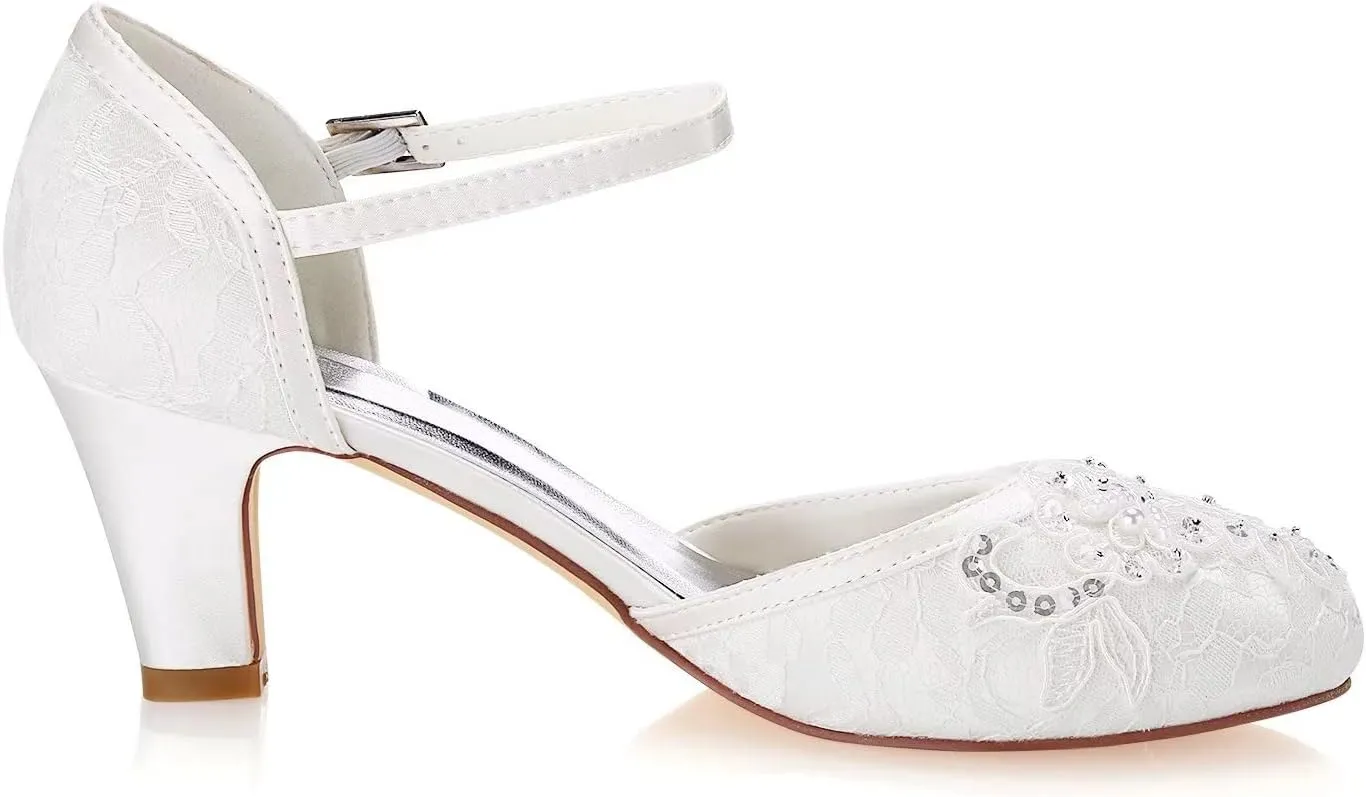 Emily Bridal Wedding Shoes Women's Lace Satin Stiletto Heel Pumps Sandals