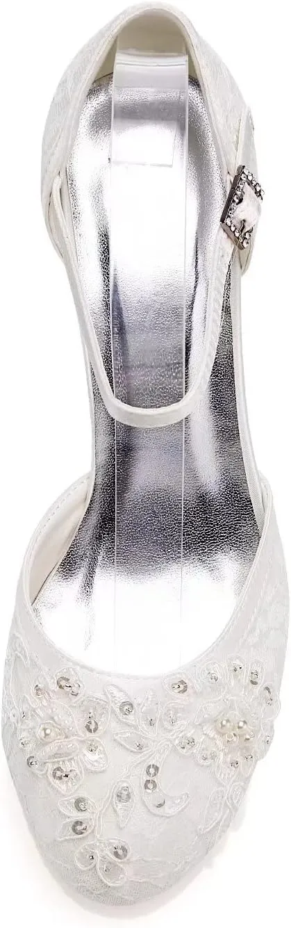 Emily Bridal Wedding Shoes Women's Lace Satin Stiletto Heel Pumps Sandals