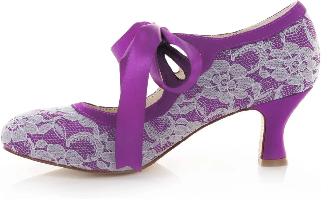 Emily Bridal Wedding Shoes Women's Lace Spool Heel Closed Toe Pumps