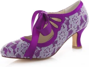 Emily Bridal Wedding Shoes Women's Lace Spool Heel Closed Toe Pumps