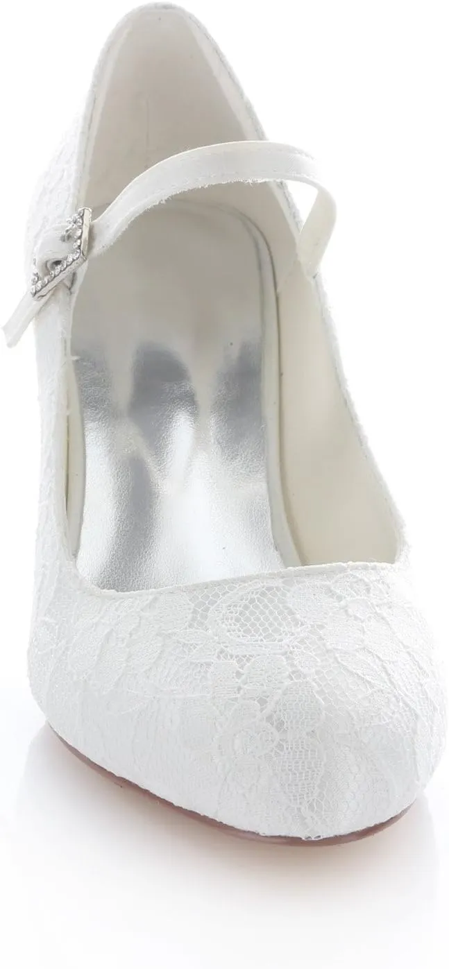 Emily Bridal Wedding Shoes Women's Lace Stiletto Heel Closed Toe Pumps Buckle
