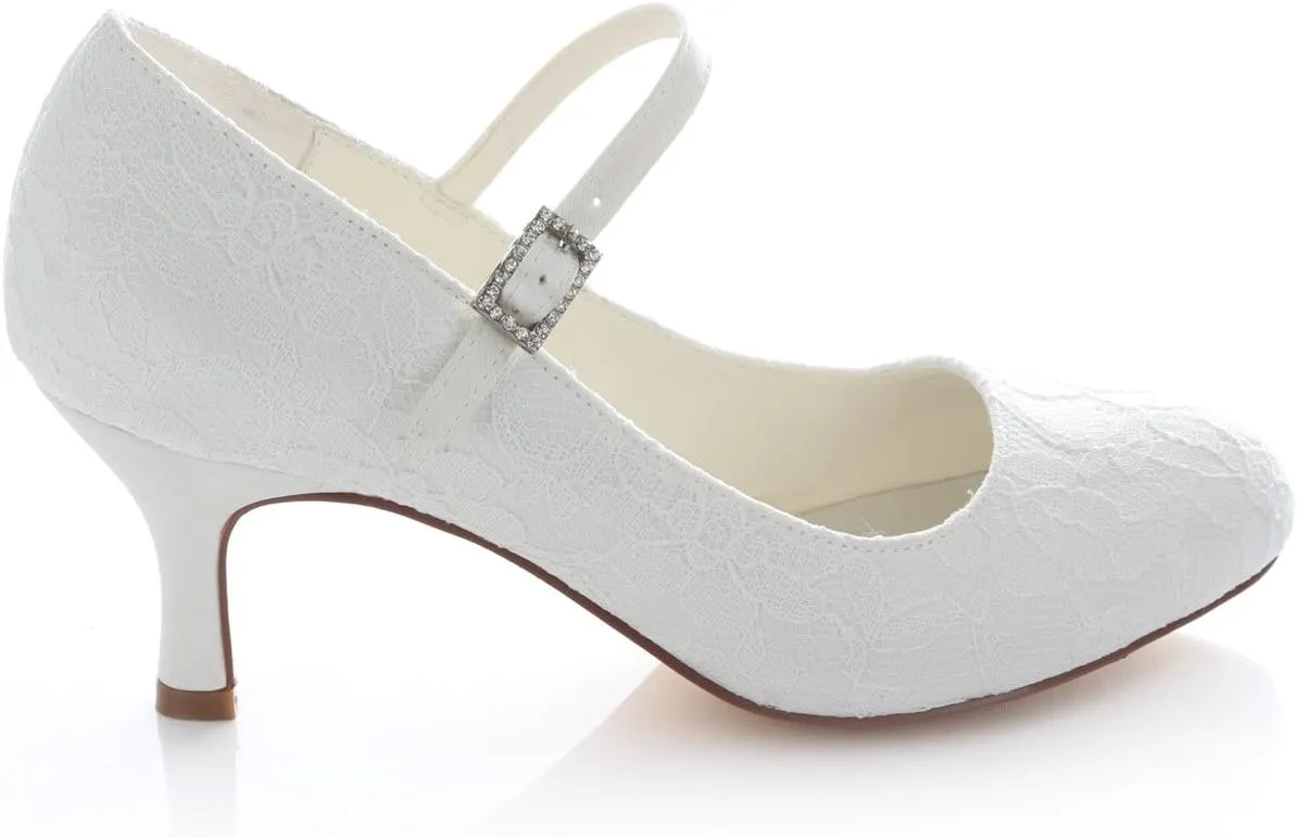Emily Bridal Wedding Shoes Women's Lace Stiletto Heel Closed Toe Pumps Buckle