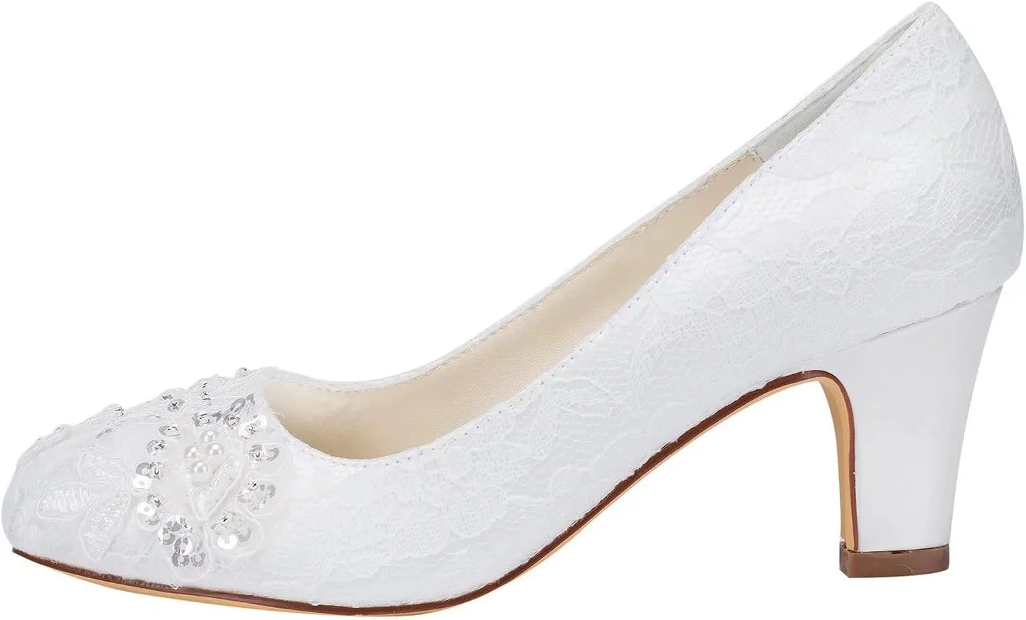 Emily Bridal Wedding Shoes Women's Satin Chunky Heel Closed Toe with Sequin Stitching Lace
