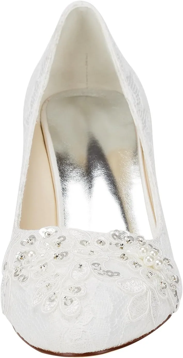 Emily Bridal Wedding Shoes Women's Satin Chunky Heel Closed Toe with Sequin Stitching Lace