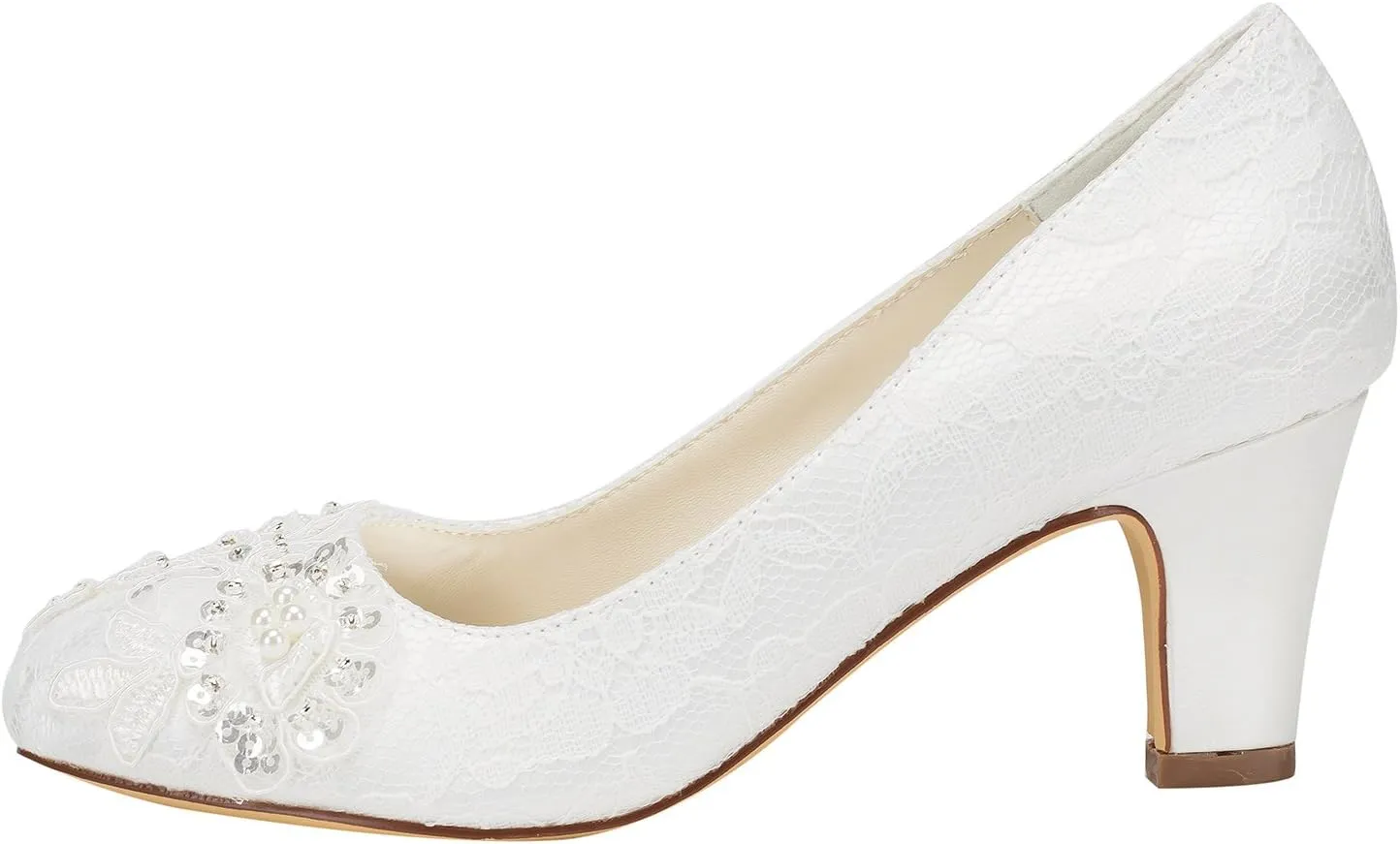 Emily Bridal Wedding Shoes Women's Satin Chunky Heel Closed Toe with Sequin Stitching Lace