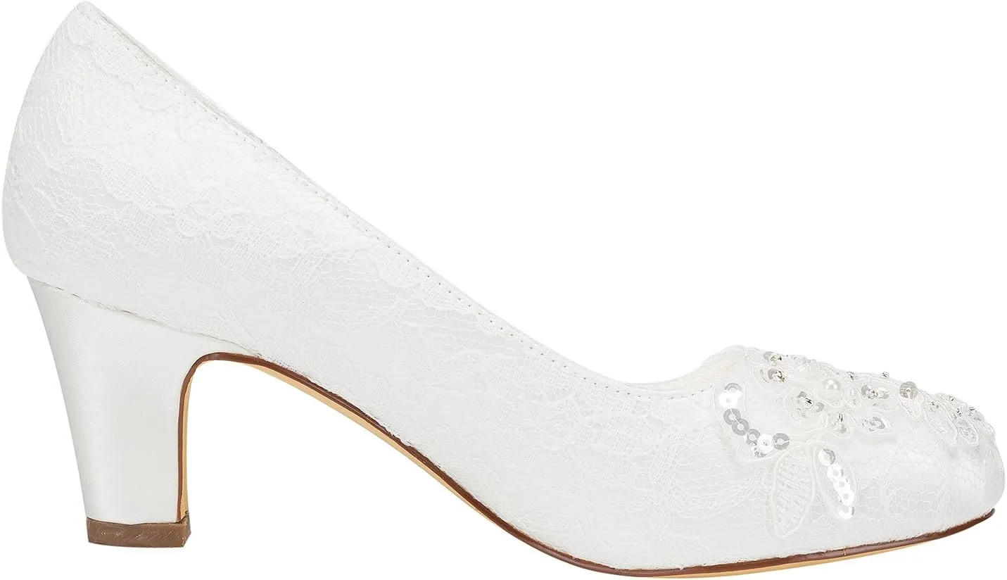 Emily Bridal Wedding Shoes Women's Satin Chunky Heel Closed Toe with Sequin Stitching Lace