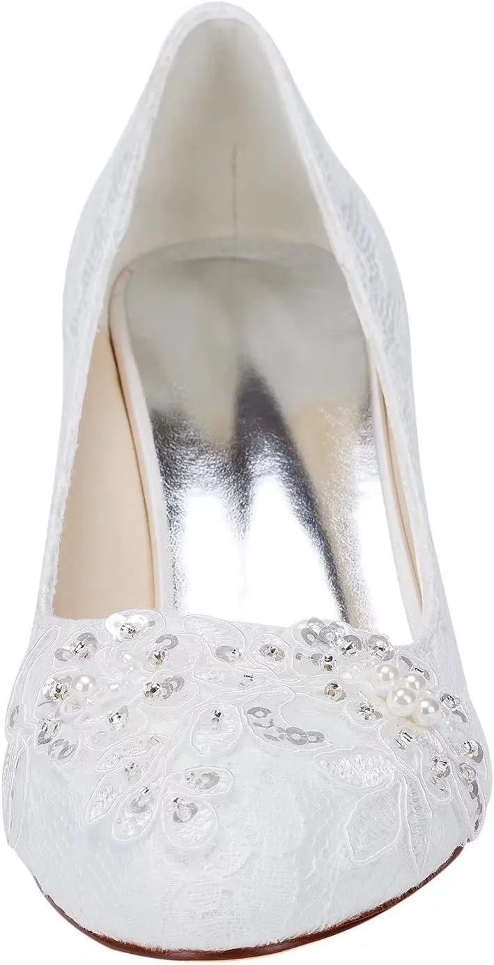 Emily Bridal Wedding Shoes Women's Satin Chunky Heel Closed Toe with Sequin Stitching Lace