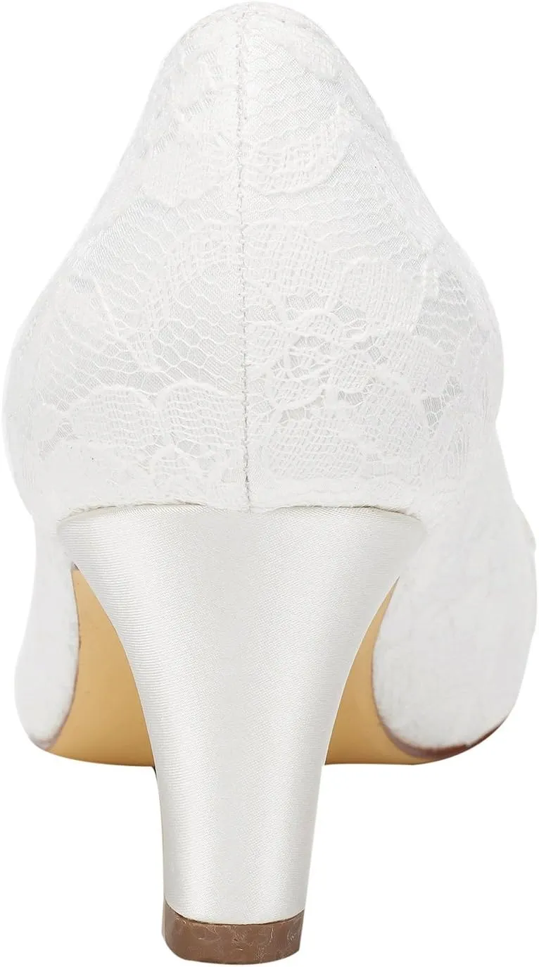 Emily Bridal Wedding Shoes Women's Satin Chunky Heel Closed Toe with Sequin Stitching Lace