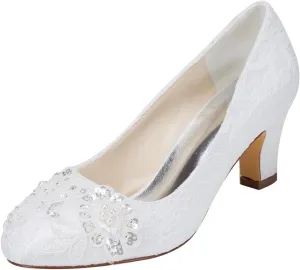 Emily Bridal Wedding Shoes Women's Satin Chunky Heel Closed Toe with Sequin Stitching Lace