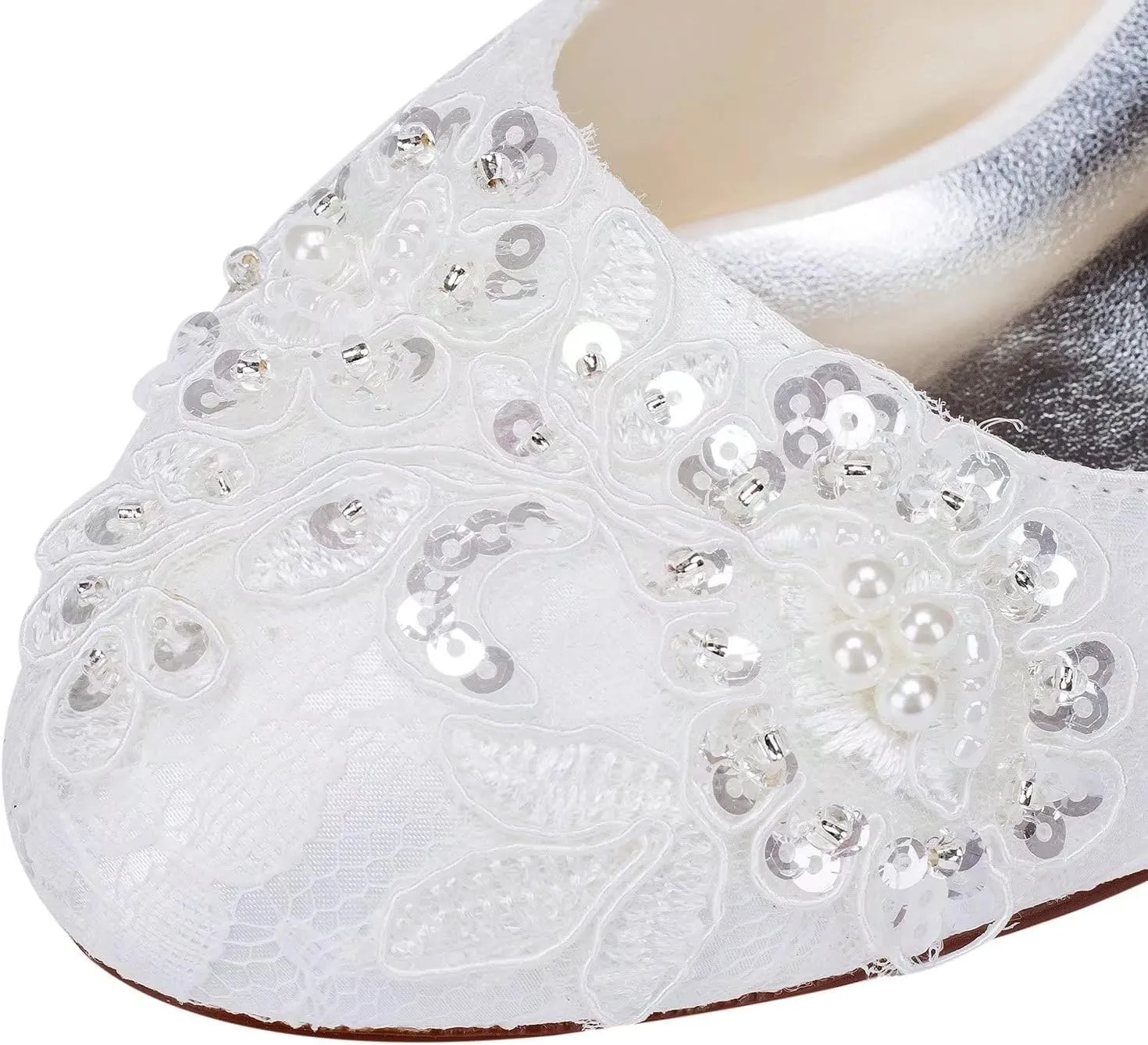 Emily Bridal Wedding Shoes Women's Satin Chunky Heel Closed Toe with Sequin Stitching Lace