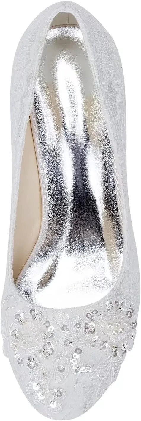 Emily Bridal Wedding Shoes Women's Satin Chunky Heel Closed Toe with Sequin Stitching Lace