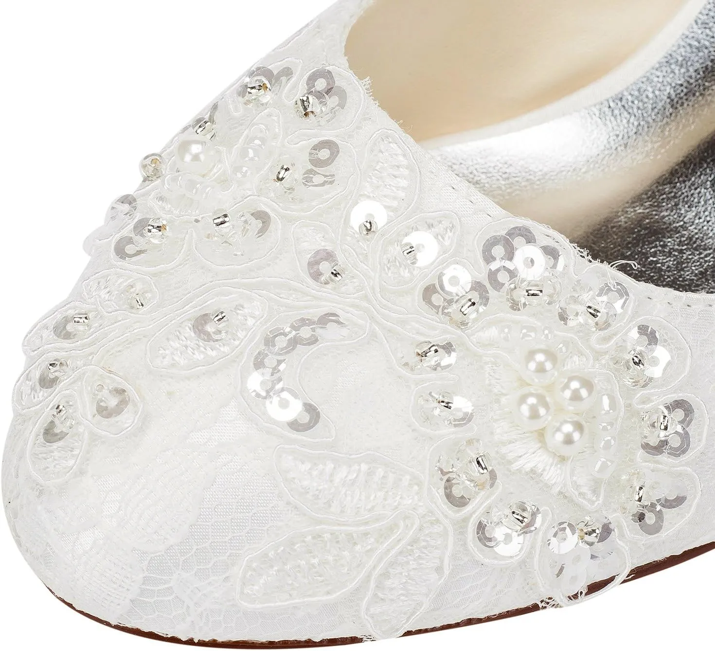 Emily Bridal Wedding Shoes Women's Satin Chunky Heel Closed Toe with Sequin Stitching Lace