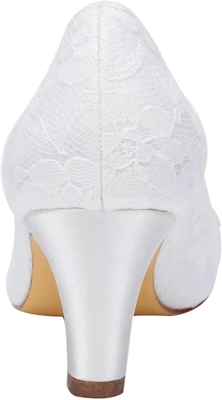 Emily Bridal Wedding Shoes Women's Satin Chunky Heel Closed Toe with Sequin Stitching Lace