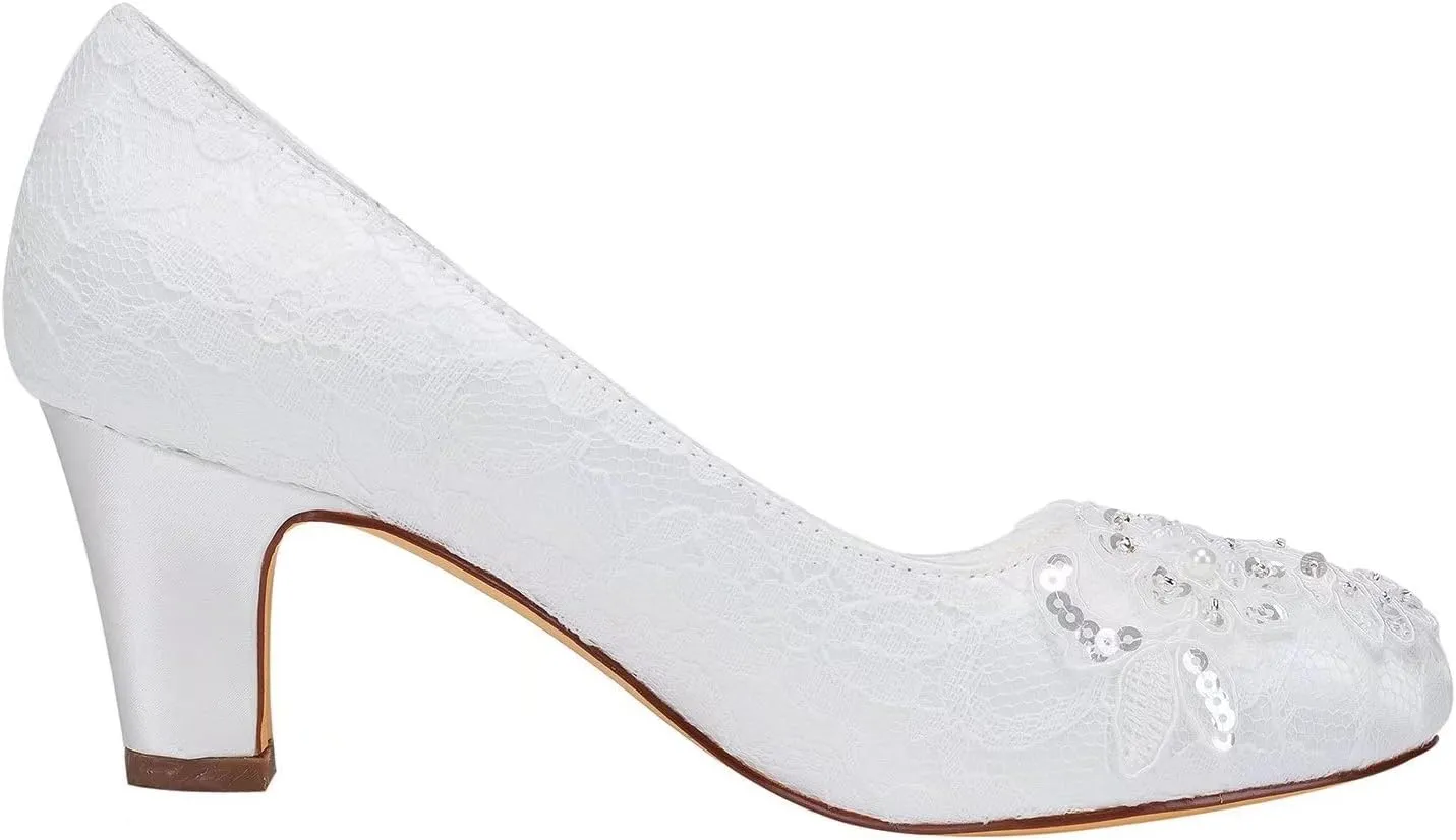 Emily Bridal Wedding Shoes Women's Satin Chunky Heel Closed Toe with Sequin Stitching Lace