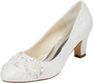 Emily Bridal Wedding Shoes Women's Satin Chunky Heel Closed Toe with Sequin Stitching Lace