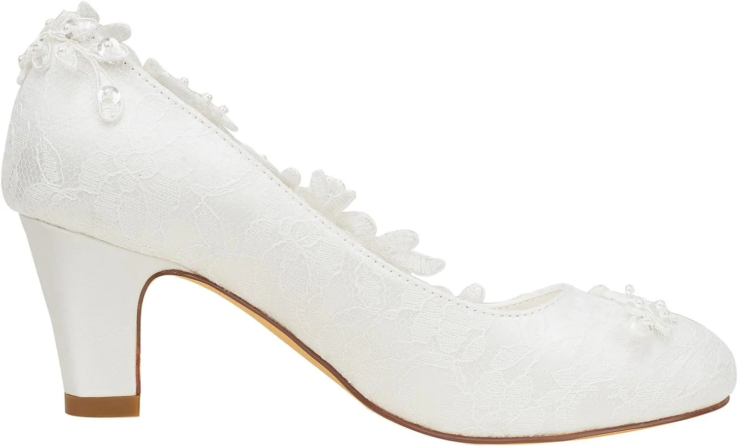 Emily Bridal Wedding Shoes Women's Silk Like Satin Chunky Heel Pumps with Stitching Lace Flower Crystal Pearl