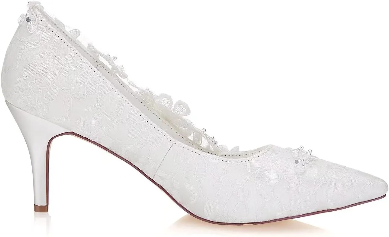Emily Bridal Wedding Shoes Women's Silk Like Satin Chunky Heel Pumps with Stitching Lace Flower Crystal Pearl