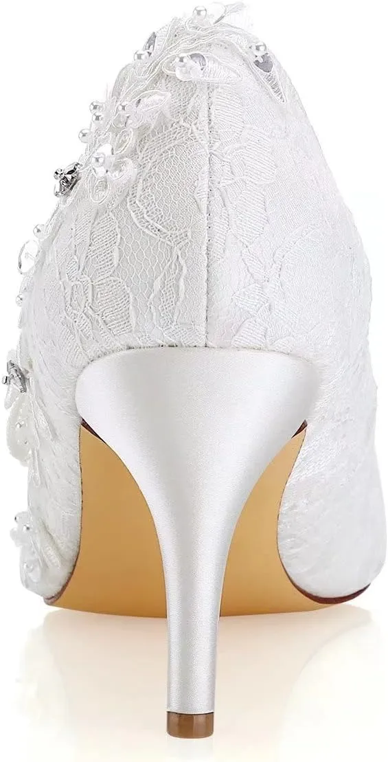 Emily Bridal Wedding Shoes Women's Silk Like Satin Chunky Heel Pumps with Stitching Lace Flower Crystal Pearl