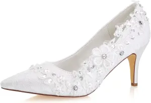 Emily Bridal Wedding Shoes Women's Silk Like Satin Chunky Heel Pumps with Stitching Lace Flower Crystal Pearl