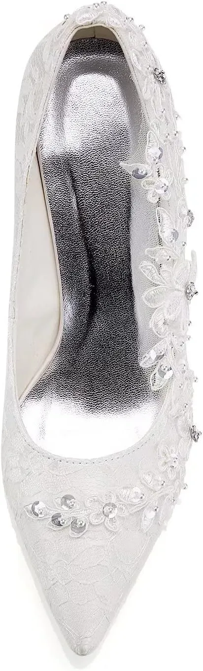 Emily Bridal Wedding Shoes Women's Silk Like Satin Chunky Heel Pumps with Stitching Lace Flower Crystal Pearl