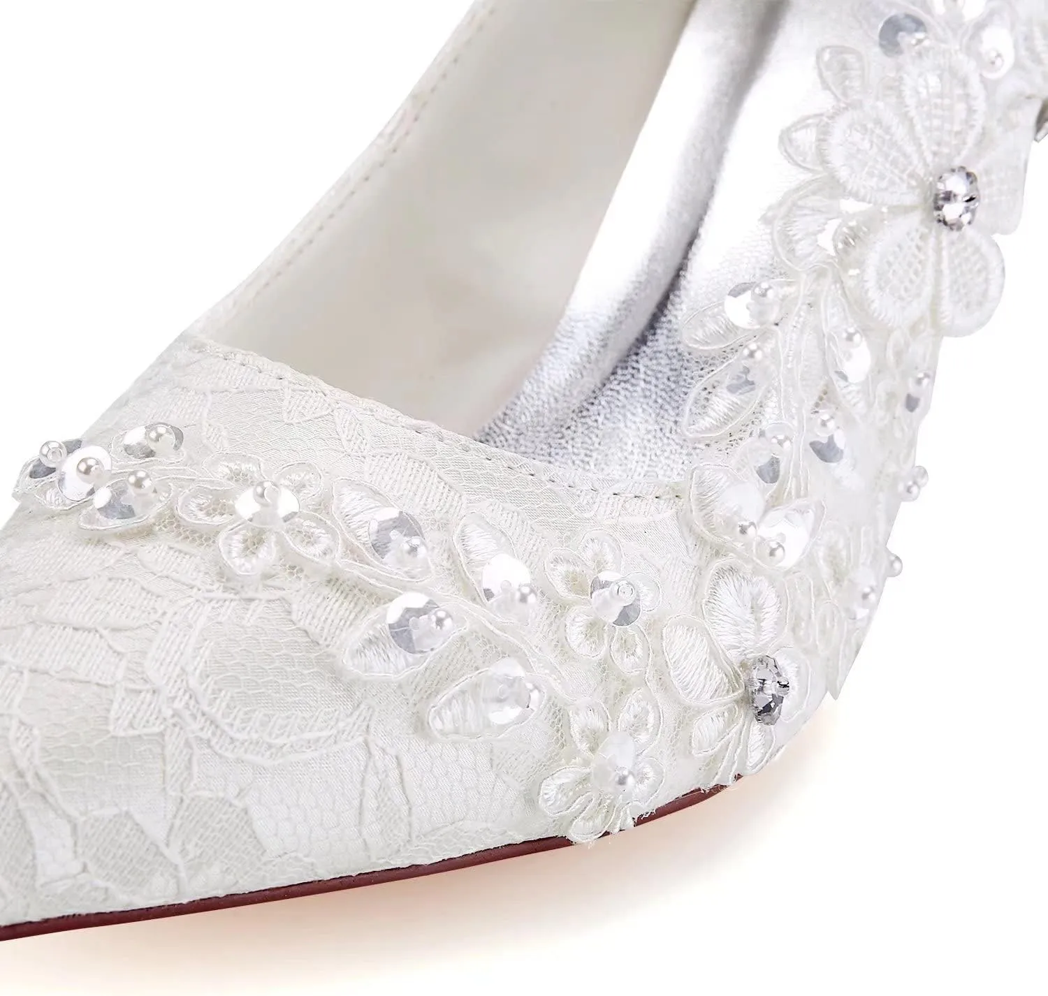 Emily Bridal Wedding Shoes Women's Silk Like Satin Chunky Heel Pumps with Stitching Lace Flower Crystal Pearl