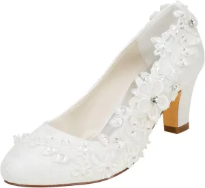 Emily Bridal Wedding Shoes Women's Silk Like Satin Chunky Heel Pumps with Stitching Lace Flower Crystal Pearl