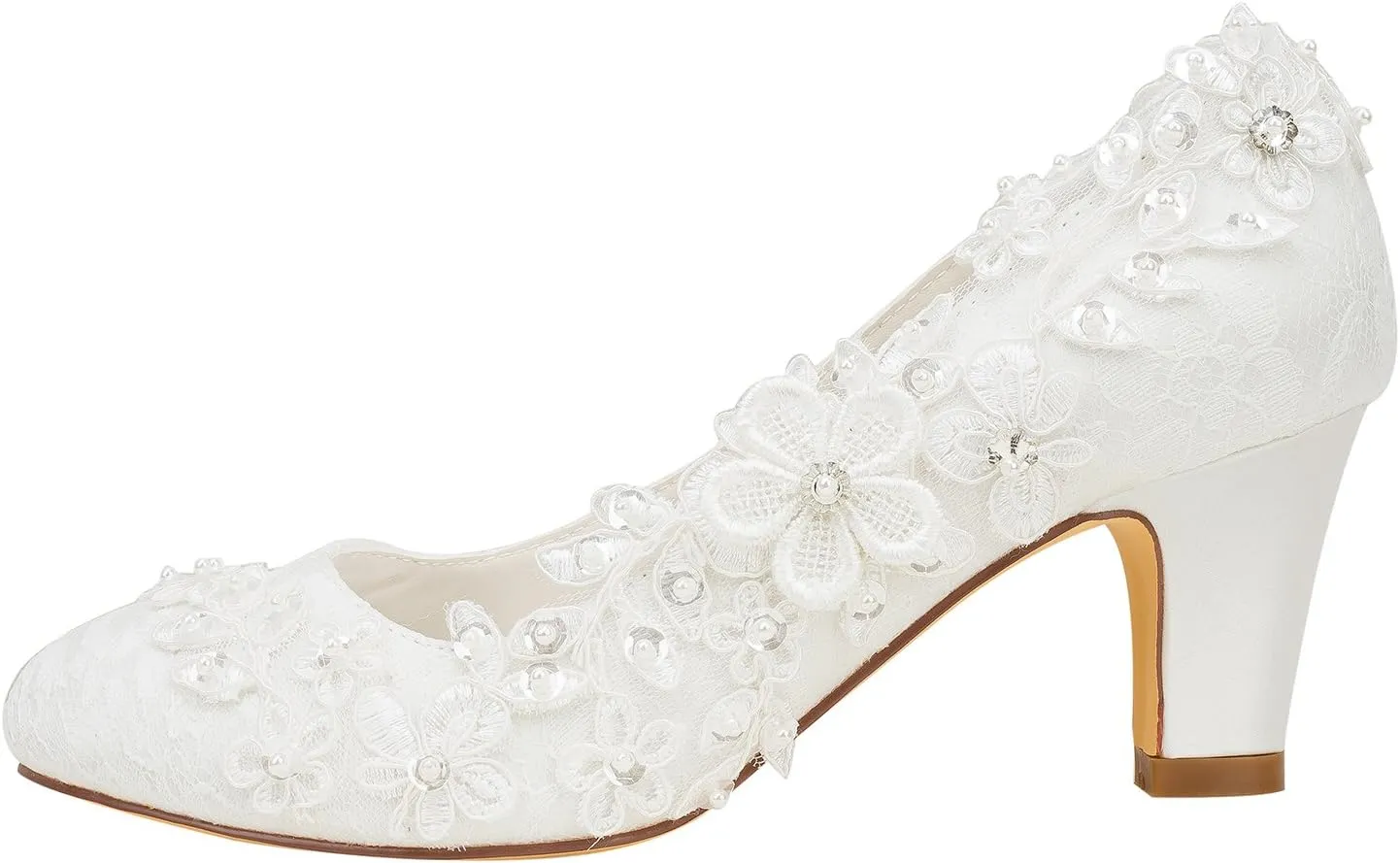 Emily Bridal Wedding Shoes Women's Silk Like Satin Chunky Heel Pumps with Stitching Lace Flower Crystal Pearl