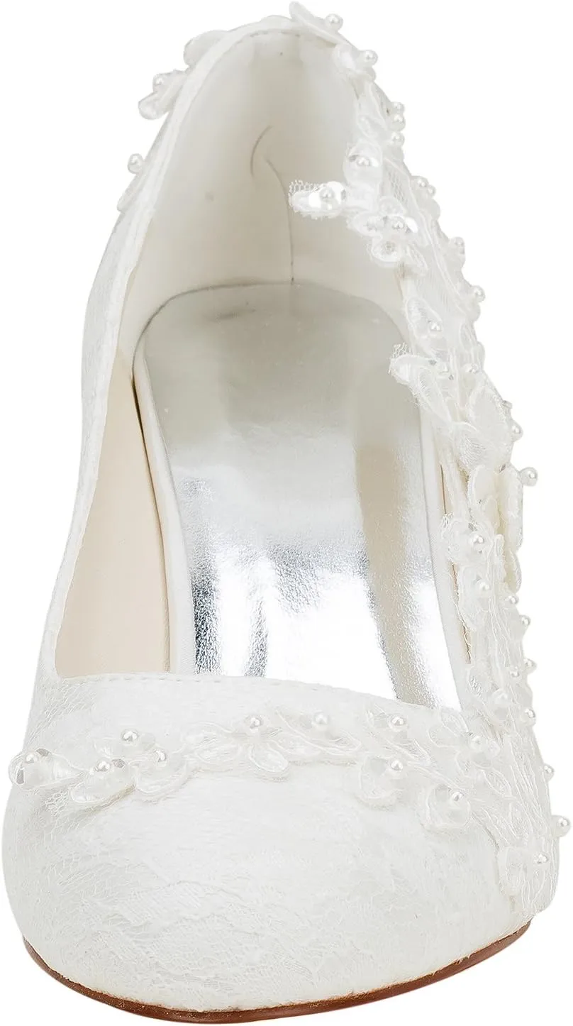 Emily Bridal Wedding Shoes Women's Silk Like Satin Chunky Heel Pumps with Stitching Lace Flower Crystal Pearl