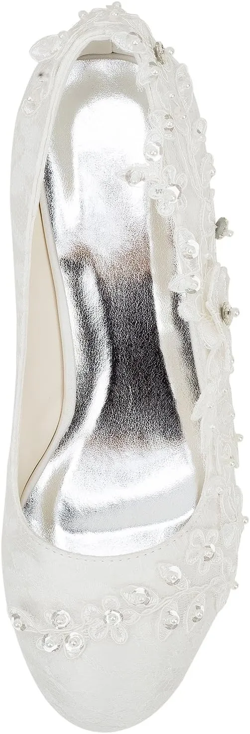 Emily Bridal Wedding Shoes Women's Silk Like Satin Chunky Heel Pumps with Stitching Lace Flower Crystal Pearl