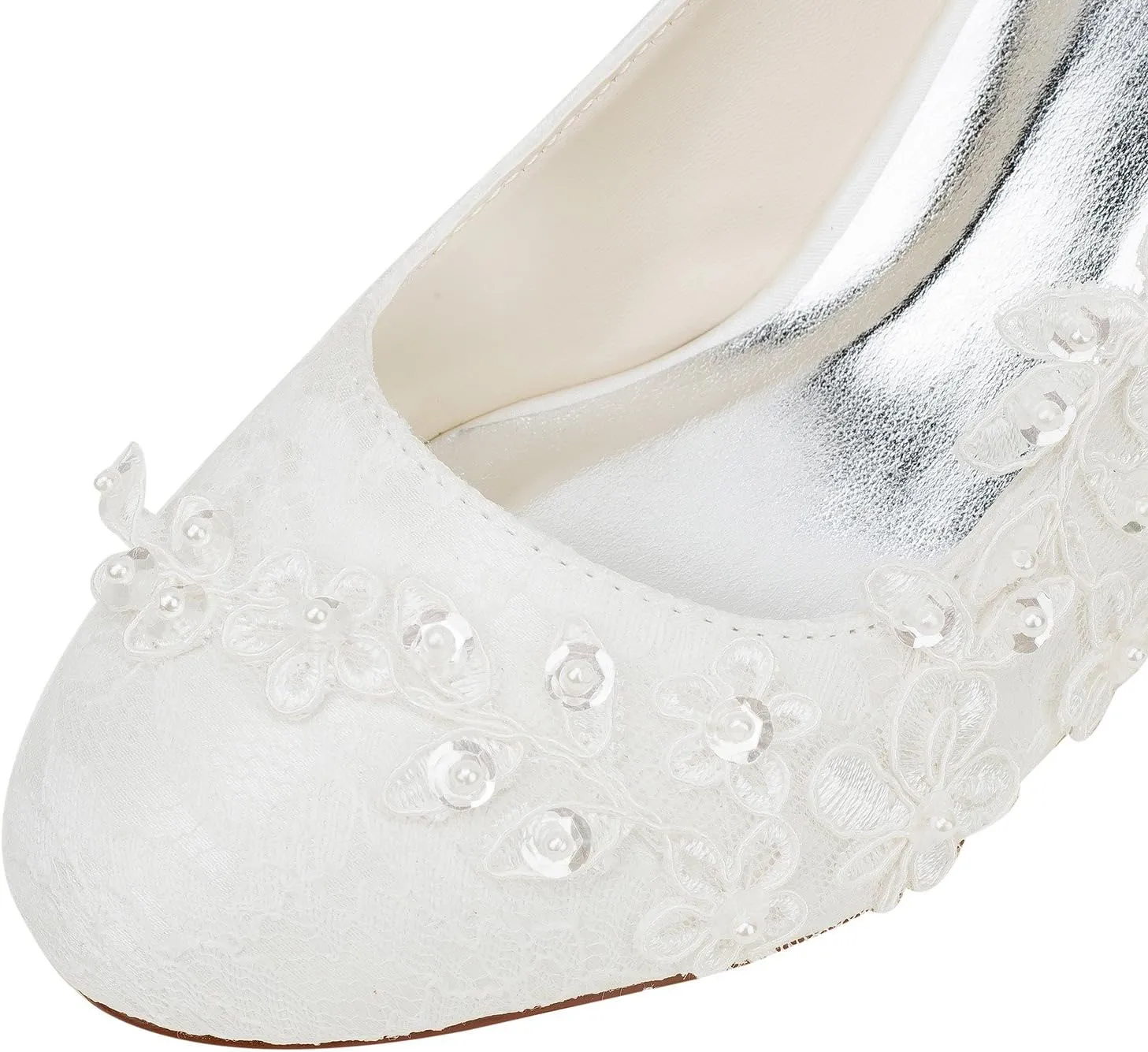 Emily Bridal Wedding Shoes Women's Silk Like Satin Chunky Heel Pumps with Stitching Lace Flower Crystal Pearl