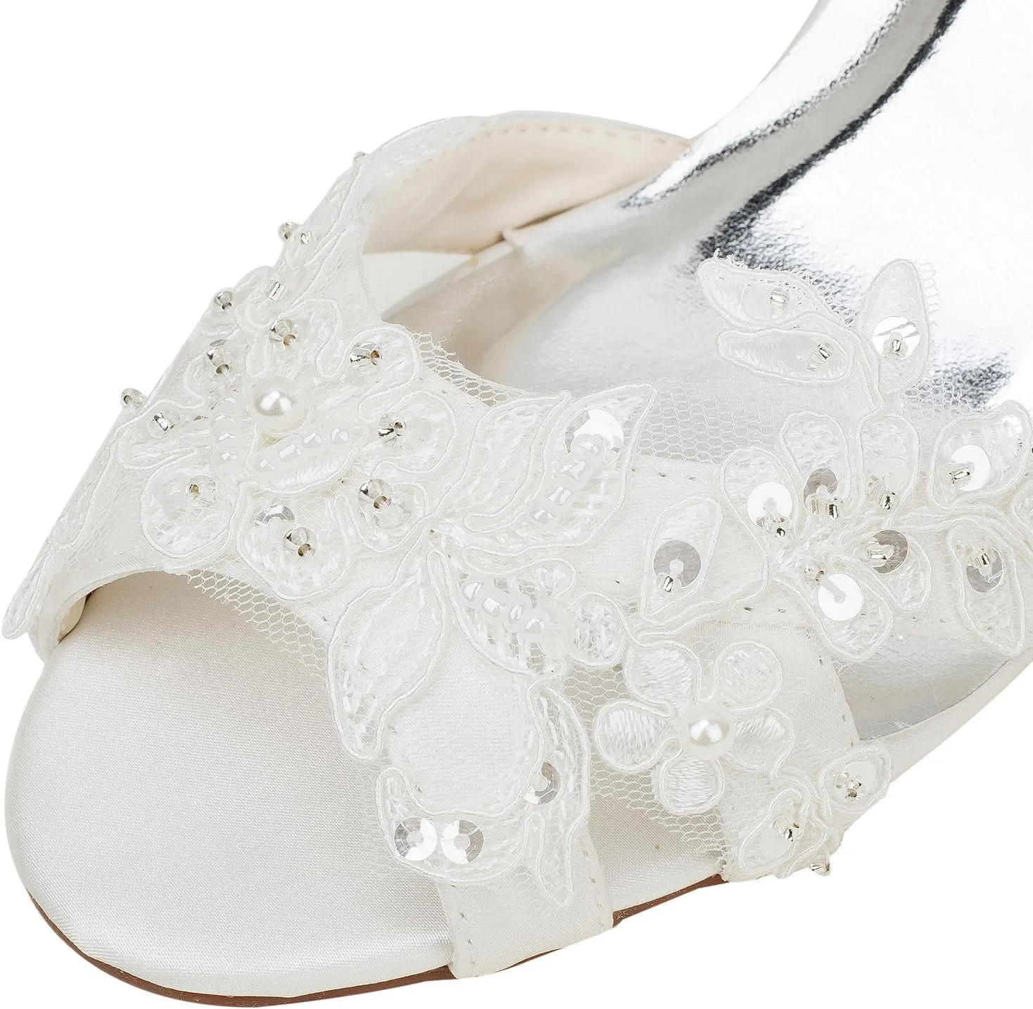 Emily Bridal Wedding Shoes Women's Silk Like Satin Stiletto Heel Peep Toe Sandals with Sequin Stitching Lace Pearl
