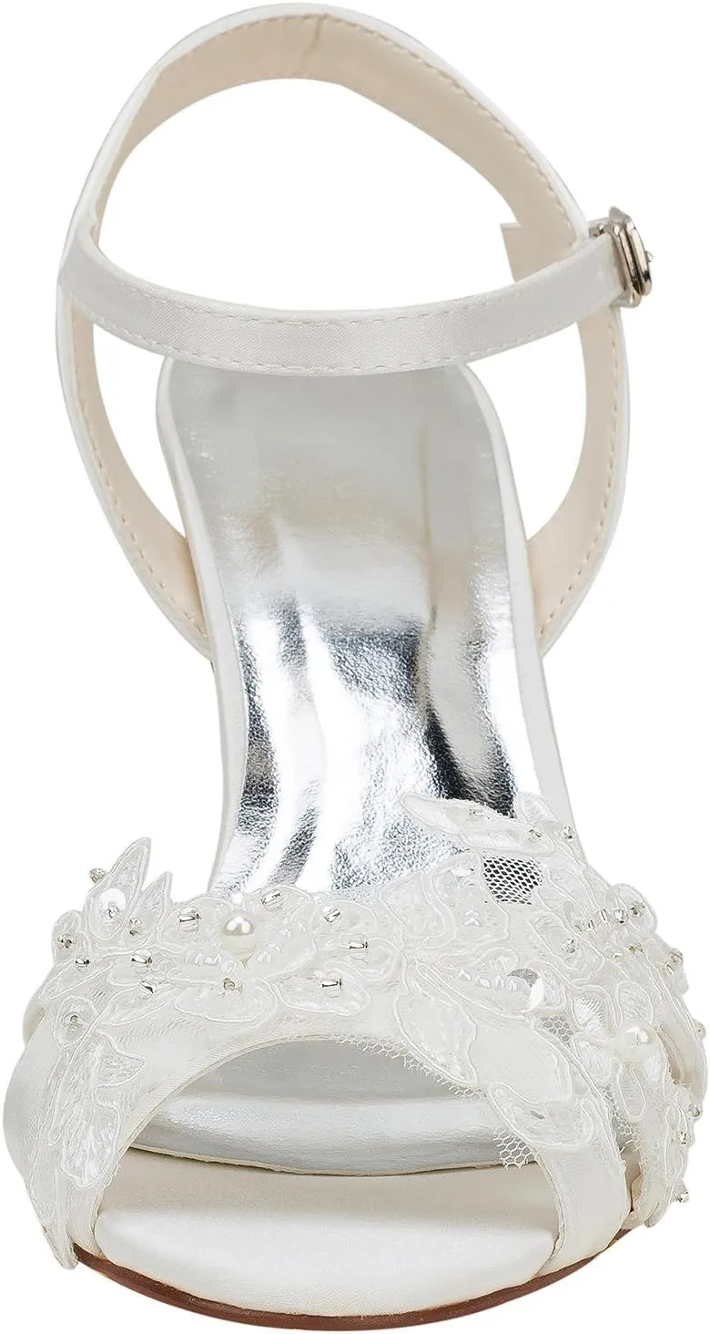 Emily Bridal Wedding Shoes Women's Silk Like Satin Stiletto Heel Peep Toe Sandals with Sequin Stitching Lace Pearl