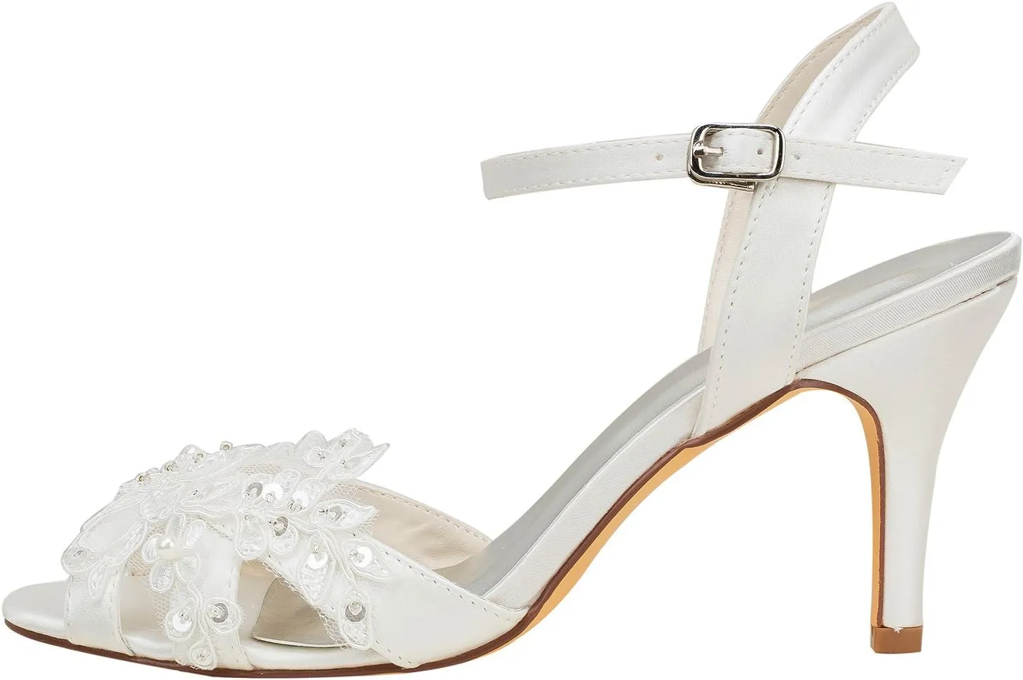 Emily Bridal Wedding Shoes Women's Silk Like Satin Stiletto Heel Peep Toe Sandals with Sequin Stitching Lace Pearl