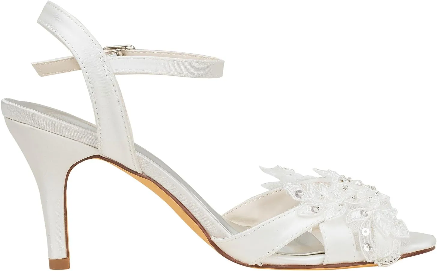 Emily Bridal Wedding Shoes Women's Silk Like Satin Stiletto Heel Peep Toe Sandals with Sequin Stitching Lace Pearl