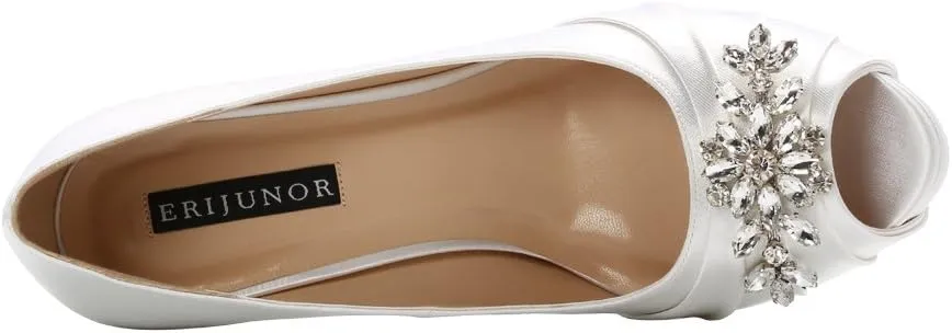 ERIJUNOR Peep Toe Mid Heels for Woman Rhinestones Satin Evening Prom Wedding Shoes