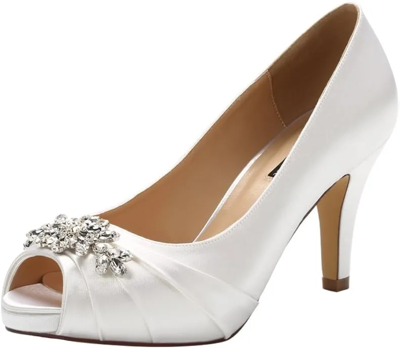 ERIJUNOR Peep Toe Mid Heels for Woman Rhinestones Satin Evening Prom Wedding Shoes