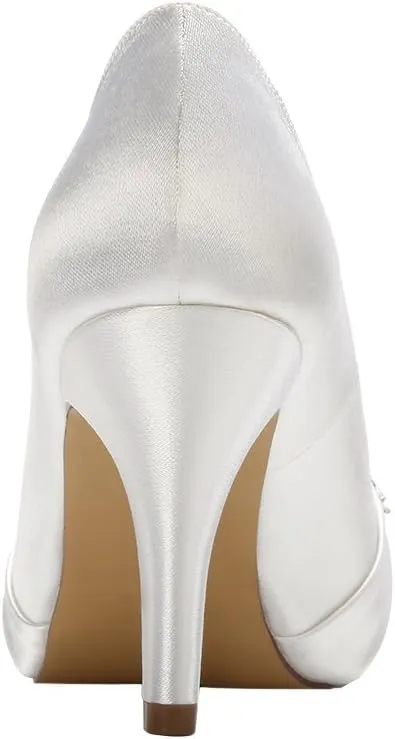 ERIJUNOR Peep Toe Mid Heels for Woman Rhinestones Satin Evening Prom Wedding Shoes