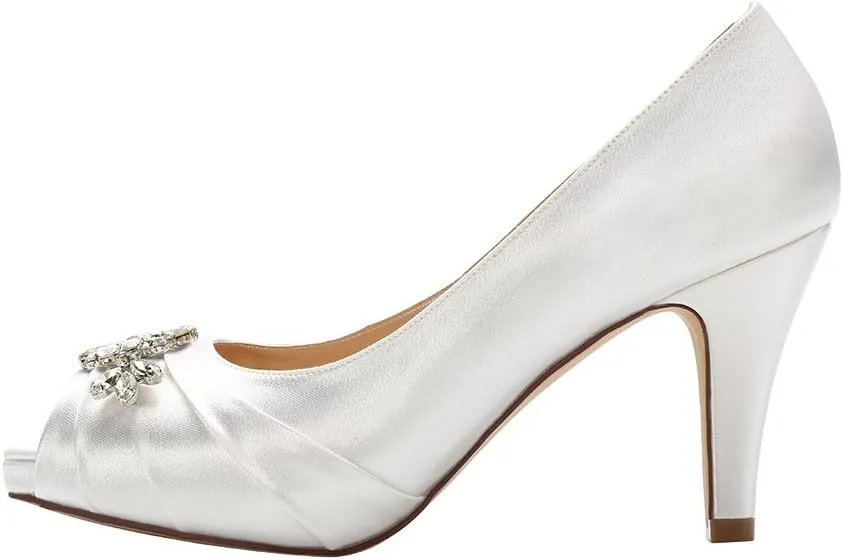ERIJUNOR Peep Toe Mid Heels for Woman Rhinestones Satin Evening Prom Wedding Shoes