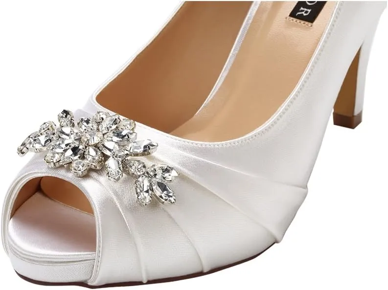 ERIJUNOR Peep Toe Mid Heels for Woman Rhinestones Satin Evening Prom Wedding Shoes