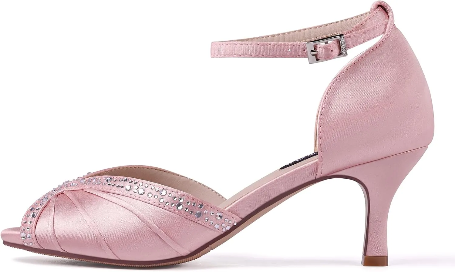ERIJUNOR Women Comfort Low Heel Ankle Strap Rhinestones Pleat Satin Wedding Evening Dress Dance Shoes