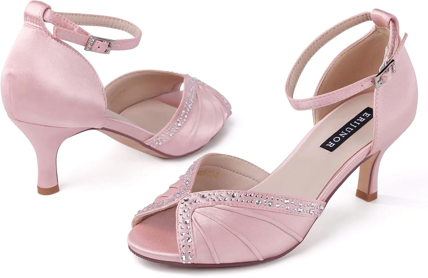 ERIJUNOR Women Comfort Low Heel Ankle Strap Rhinestones Pleat Satin Wedding Evening Dress Dance Shoes