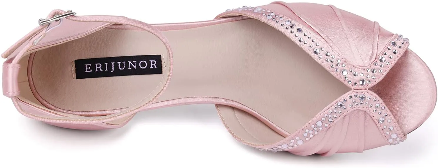ERIJUNOR Women Comfort Low Heel Ankle Strap Rhinestones Pleat Satin Wedding Evening Dress Dance Shoes