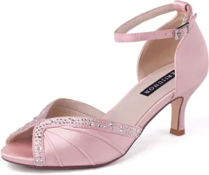 ERIJUNOR Women Comfort Low Heel Ankle Strap Rhinestones Pleat Satin Wedding Evening Dress Dance Shoes