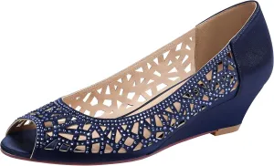 ERIJUNOR Women Peep Toe Pumps Middel Heel Wedges Sparkle Rhinestone Wedding Bridal Shoes