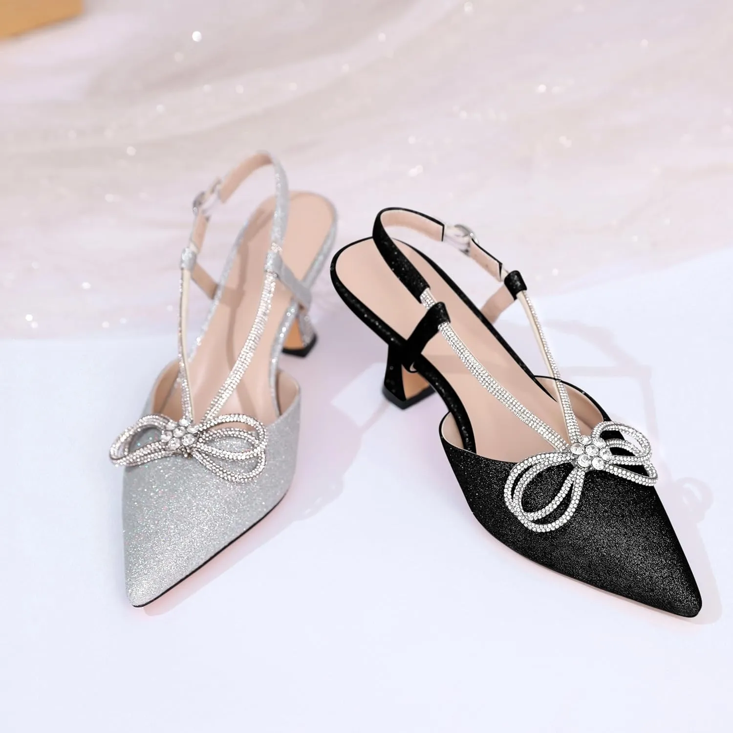 Esvowido Women's Rhinestone Bow Heels Pointed Toe Kitten Low Heel Pumps Satin Shoes Adjustable Ankle Strap Slingback Heeled Wedding Bridal Evening Dress Shoes