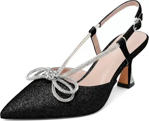 Esvowido Women's Rhinestone Bow Heels Pointed Toe Kitten Low Heel Pumps Satin Shoes Adjustable Ankle Strap Slingback Heeled Wedding Bridal Evening Dress Shoes