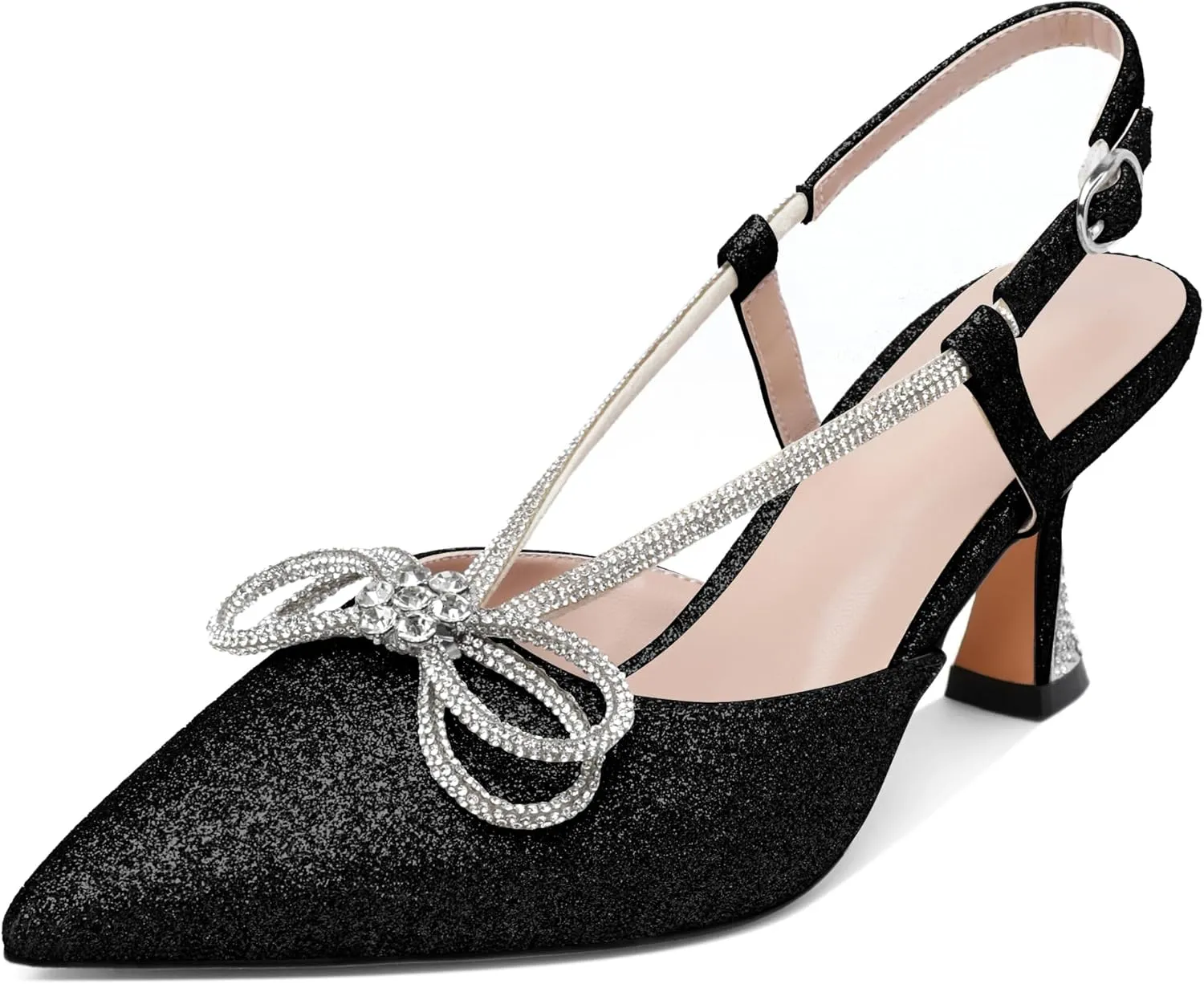 Esvowido Women's Rhinestone Bow Heels Pointed Toe Kitten Low Heel Pumps Satin Shoes Adjustable Ankle Strap Slingback Heeled Wedding Bridal Evening Dress Shoes