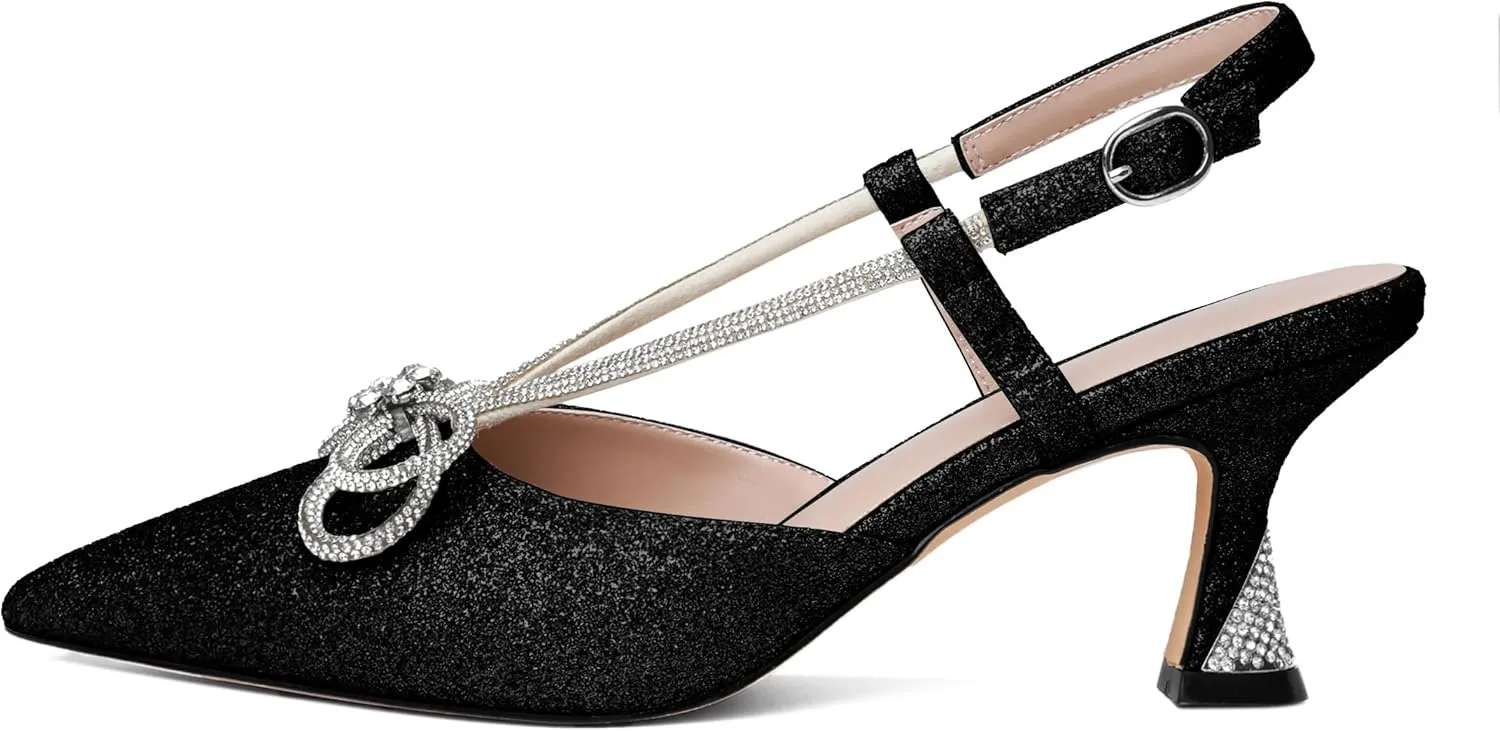 Esvowido Women's Rhinestone Bow Heels Pointed Toe Kitten Low Heel Pumps Satin Shoes Adjustable Ankle Strap Slingback Heeled Wedding Bridal Evening Dress Shoes